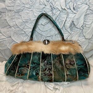 VINTAGE Graffity Teal Printed Velvet Handbag Purse